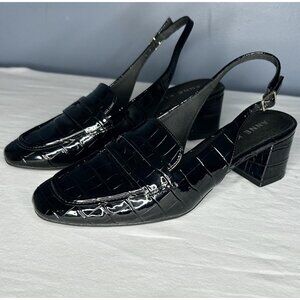 Anne Klein Shoes Womens 8 Black Croc Patent Block Heel Mona Slingback Loafer